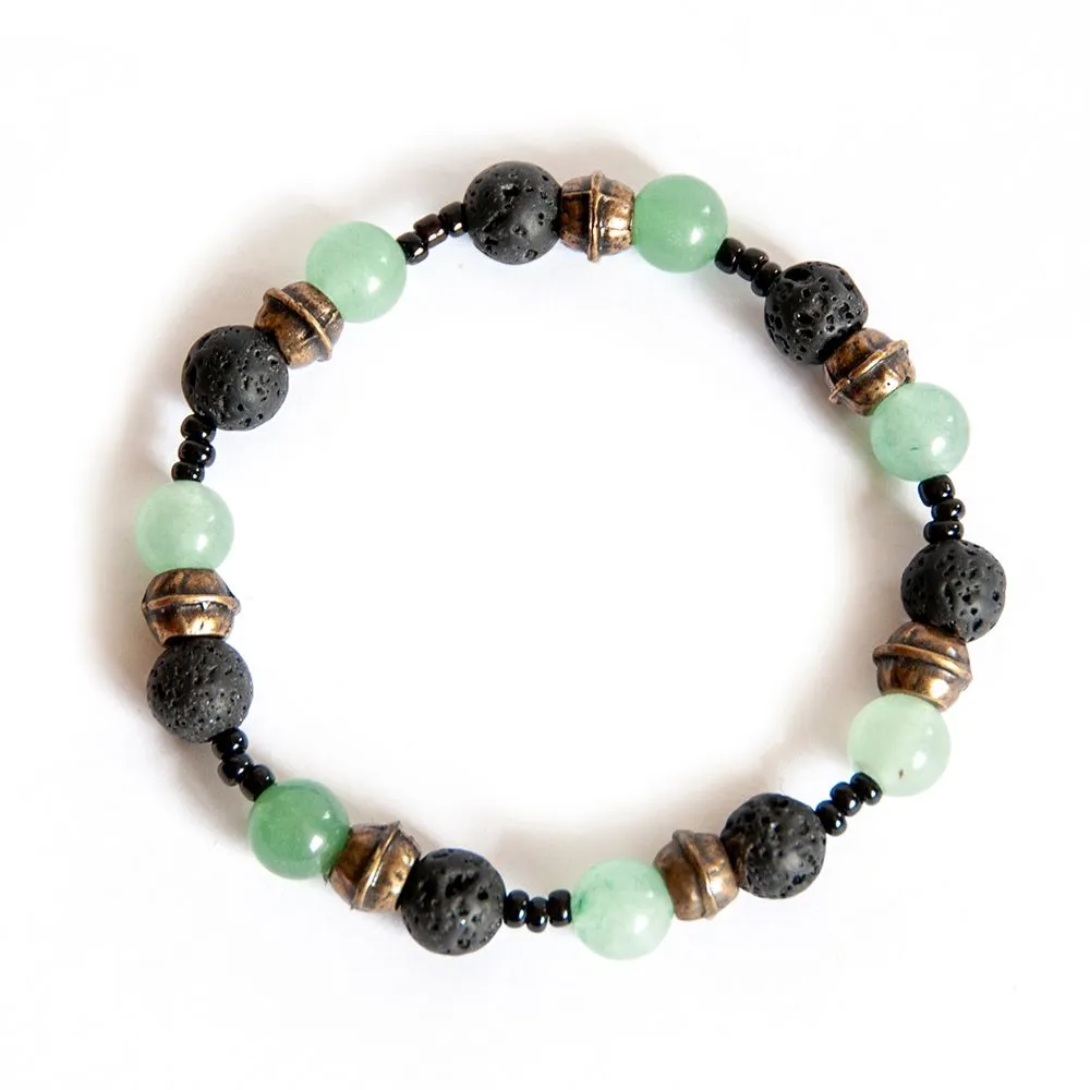 Black lava stone bracelet with green aventurine and antique brass - BRAS12