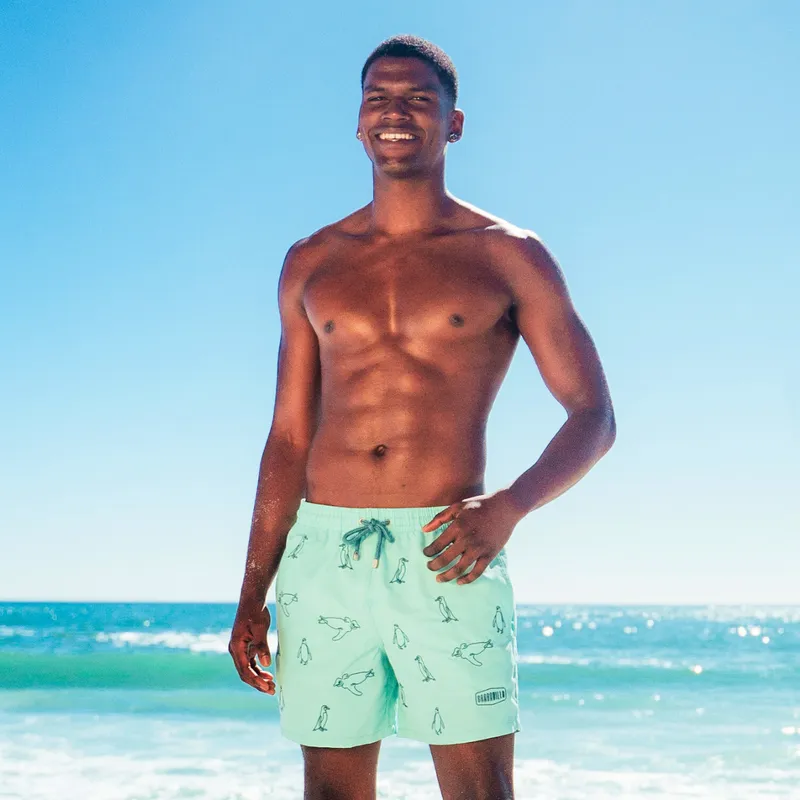 Mid-length Swim Shorts | Penguins Embroidery / Mint - Image 1