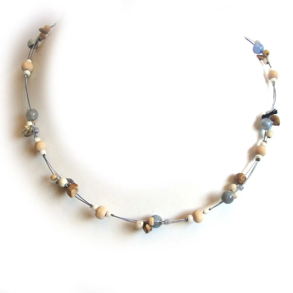 Blue agates, picture jasper and howlite gemstones, wood and glass bead necklace - NWAS07