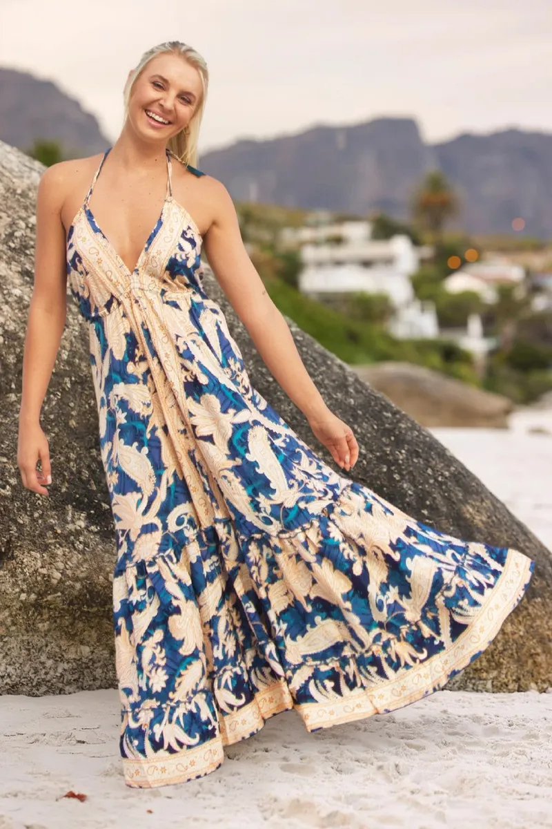 Solstice Halter Dress - Blue Print Maxi - Image 1