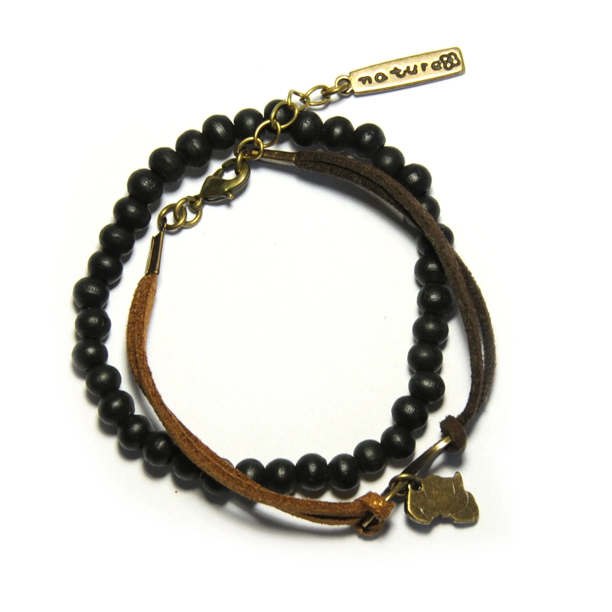 Black wood beads on elastic and brown faux suede bracelet set - BRE133