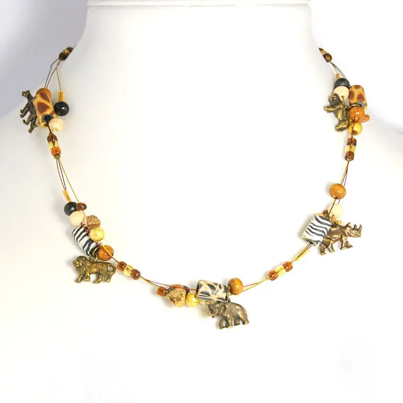 Animals Big 5 necklace with polymer clay, wood and semi-precious chips - NWE32