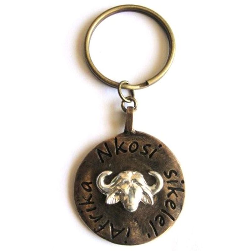 Buffalo image on antique brass disc with keyring attachment - KR04