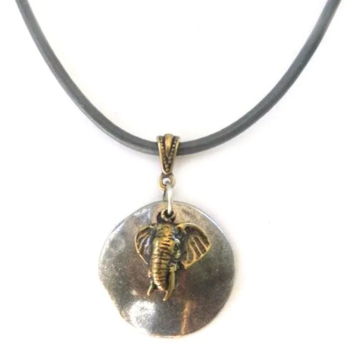 Leather necklace with elephant image on silver disc - NWLN48