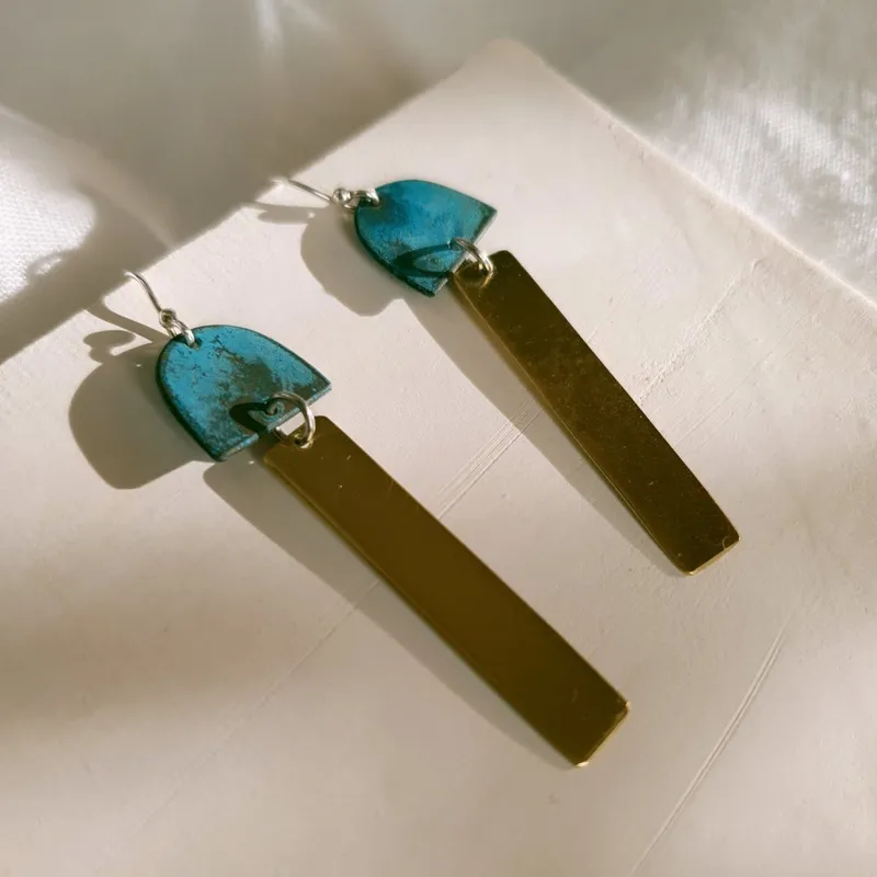 Copper Patina & Brass Earrings - Image 2