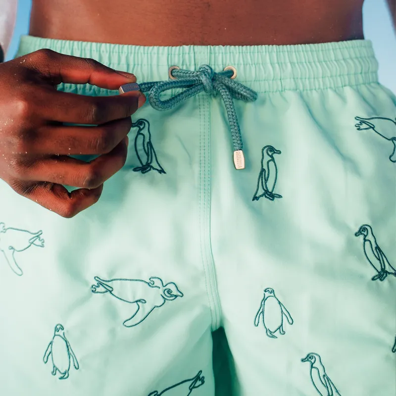 Mid-length Swim Shorts | Penguins Embroidery / Mint - Image 2