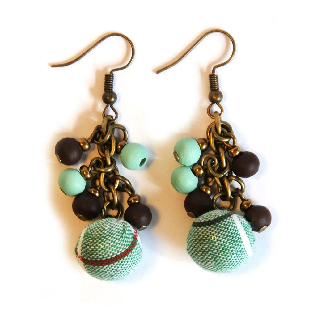 Aqua colour fabric covered beads earrings - ERE177