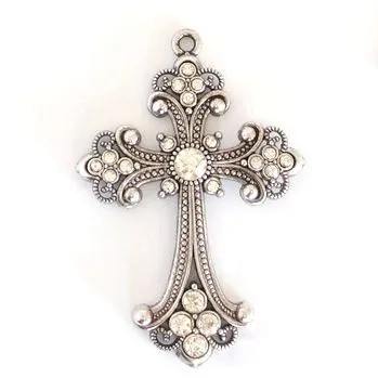 Large antique silver coloured cross with clear Rhinestones inset on chain - NWCH10B