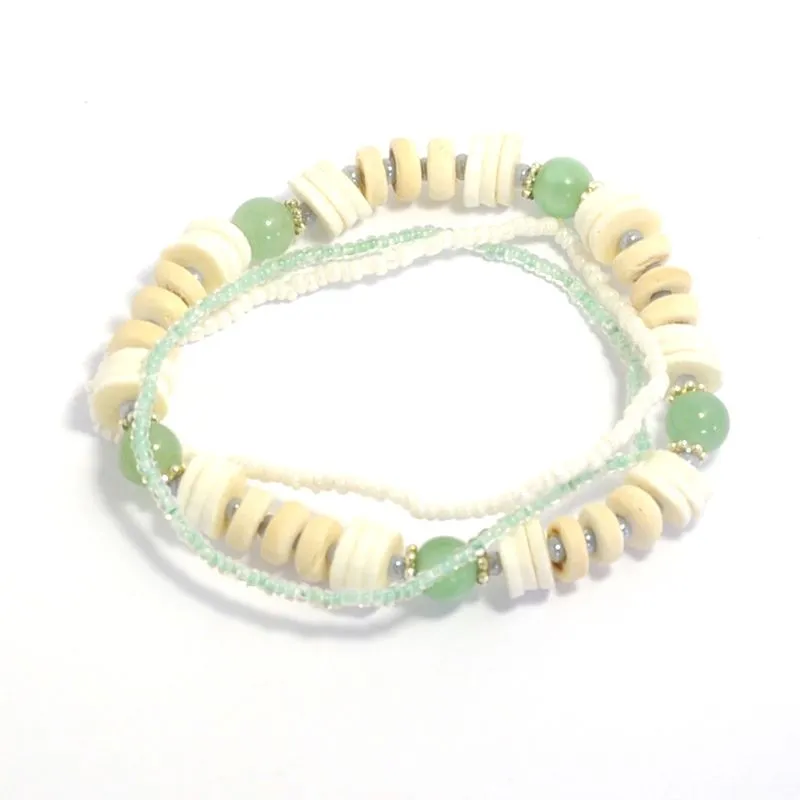 Coconut wood with ostrich eggshell and polished aventurine gemstones bracelet - BRE37A