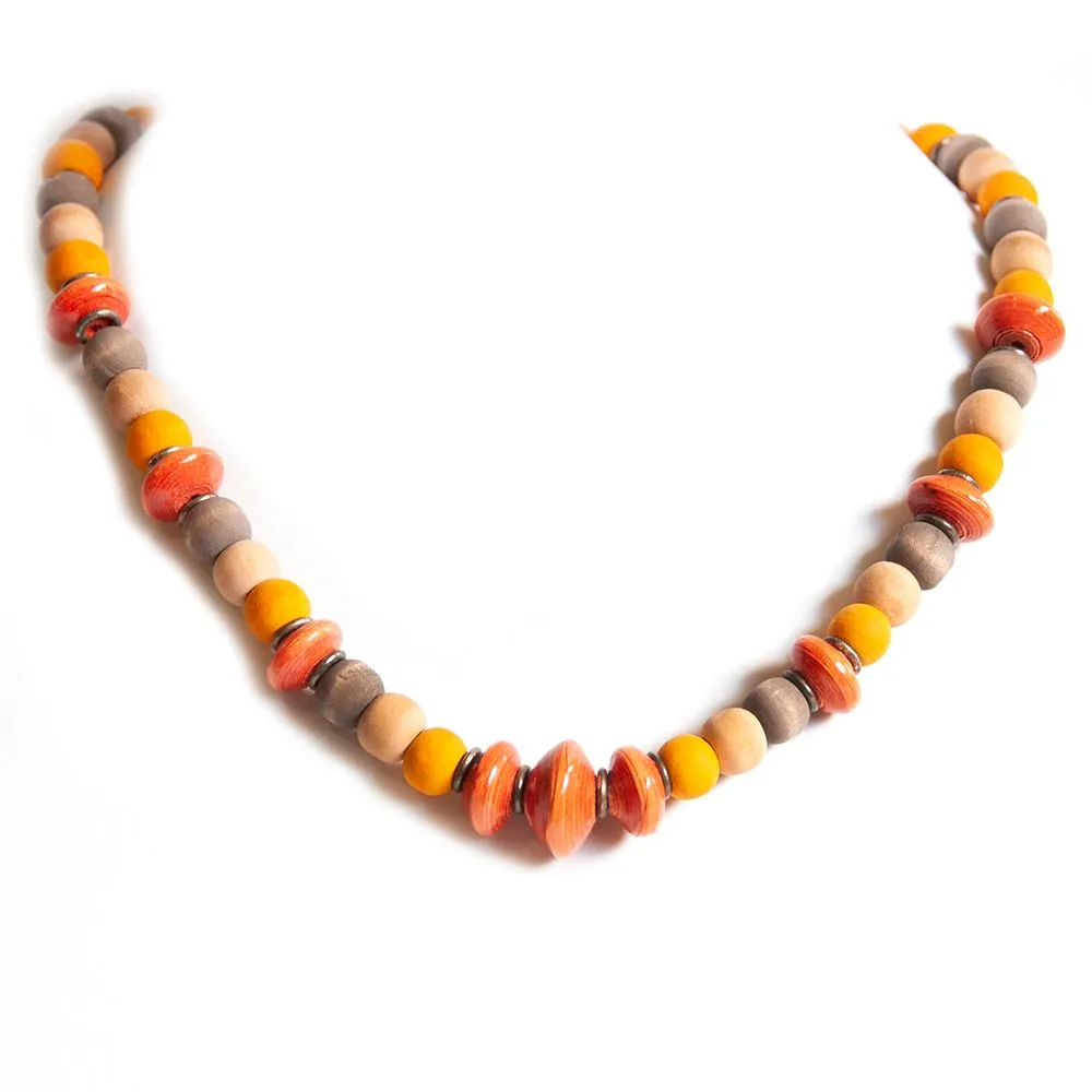 Paper beaded necklace with dye washed wood - NWE137