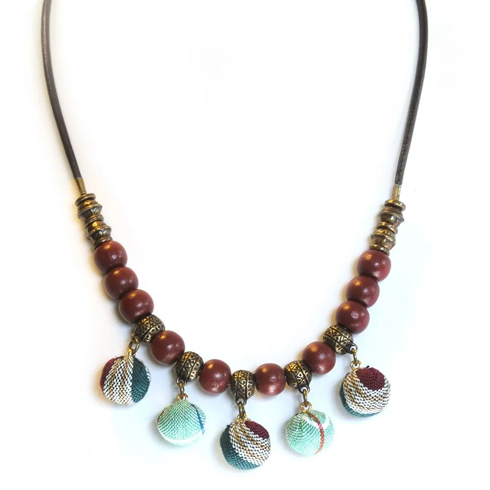 Leather necklace with fabric covered beads necklace with antique brass and wood - NWE177