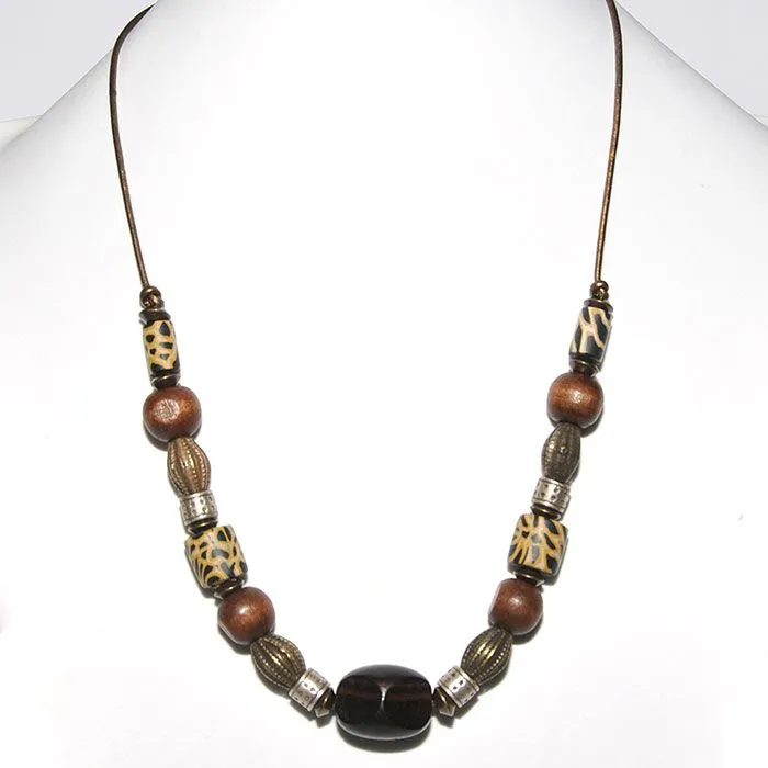 Leopardskin polymer clay, wood and antique brass on metallic leather necklace - NWE112