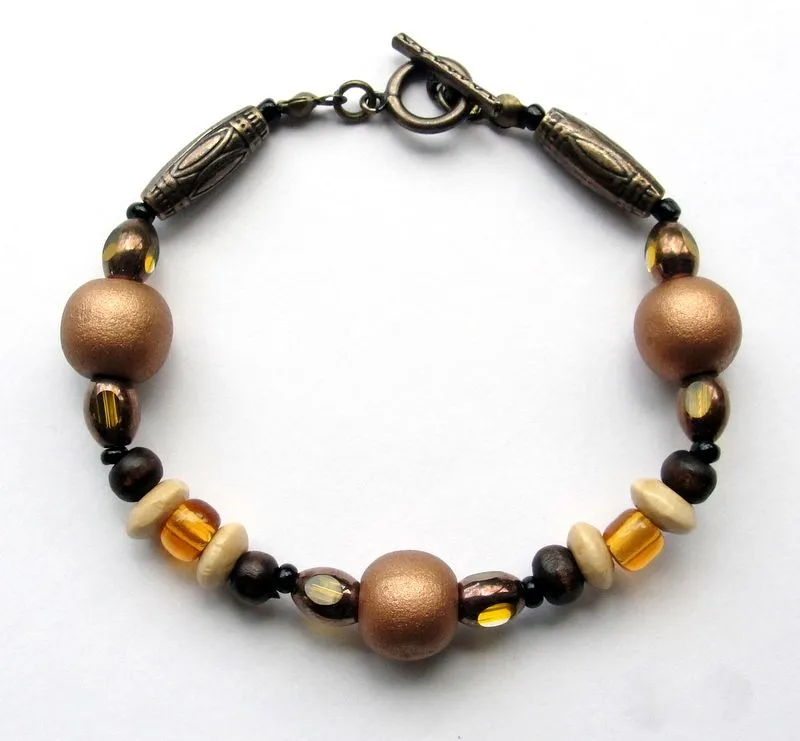 Stylish wood, glass and antique brass bracelet - BRE97