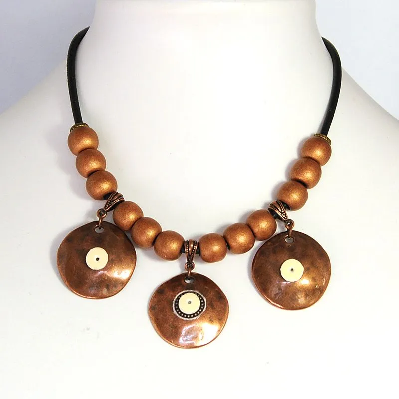 Black leather necklace with metallic wood and copper-plated discs - NWGM03