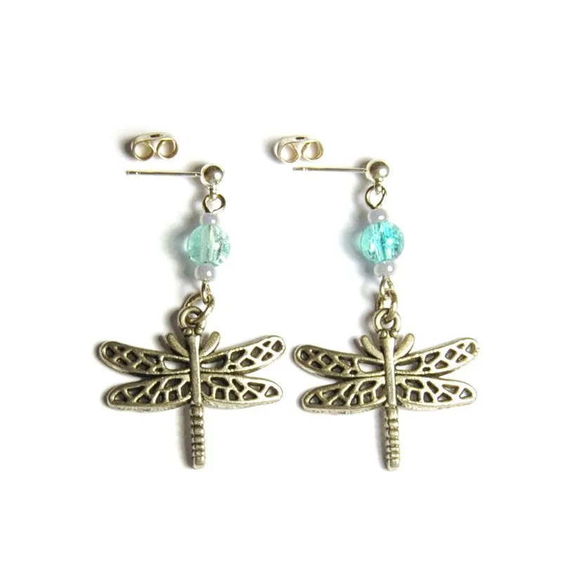 Silver coloured metal dragonflies earrings with crackle glass - ERLN41
