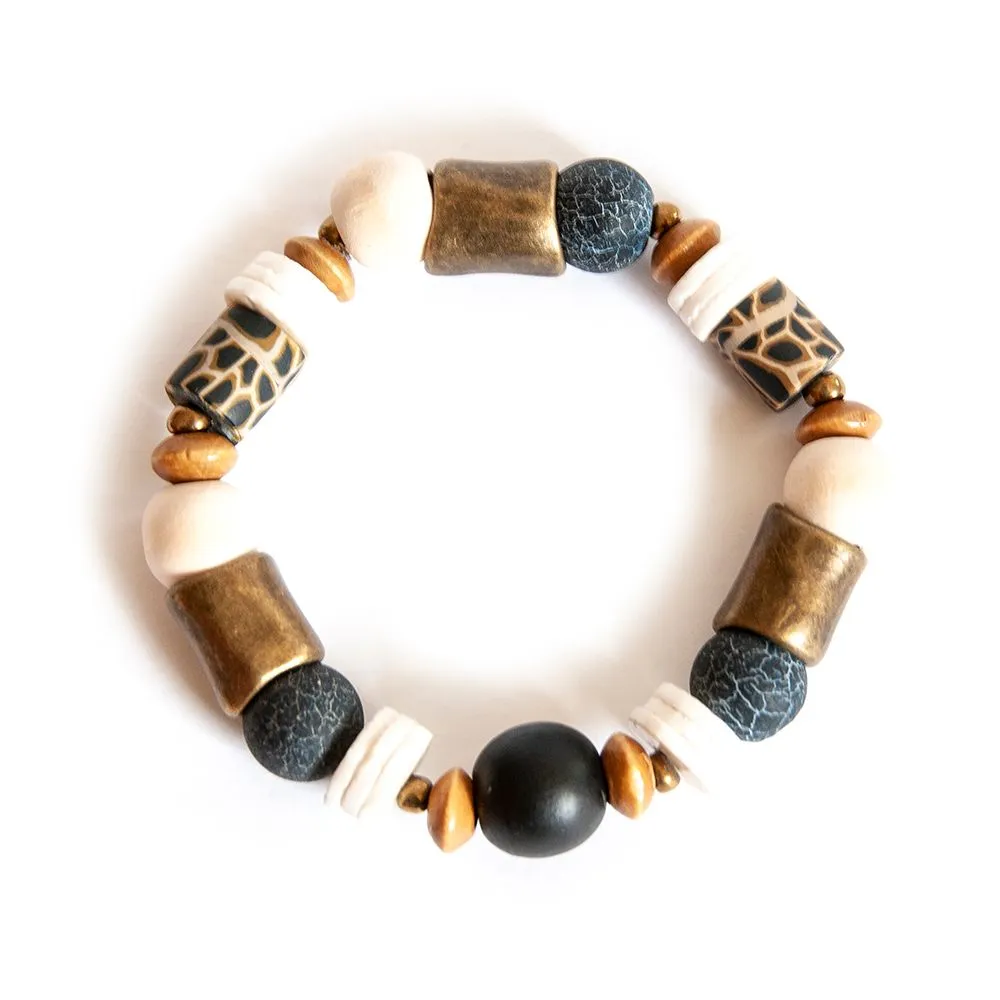 Agate gemstones, ostrich eggshell and animal print polymer clay bracelet - BRAS09