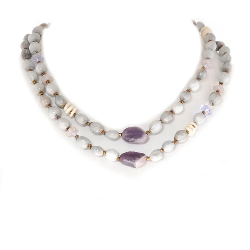 Zulu "teething beads" necklace with tumbled Amethyst stones and ostrich eggshell and Czech glass beads - NWE90B