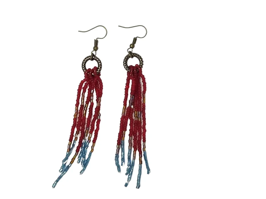 Red, blue and brown seed beads on Antique brass rings - ERAS18