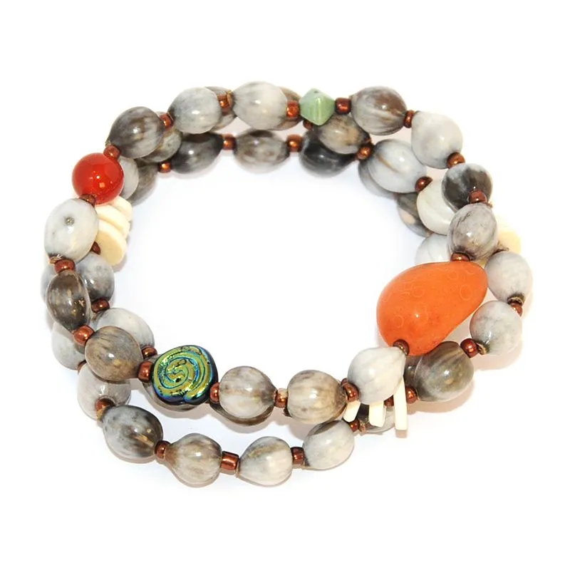 3 separate bracelets with Zulu seeds, tumbled Carnelian, ostrich eggshell and Czech glass beads - BRE90D