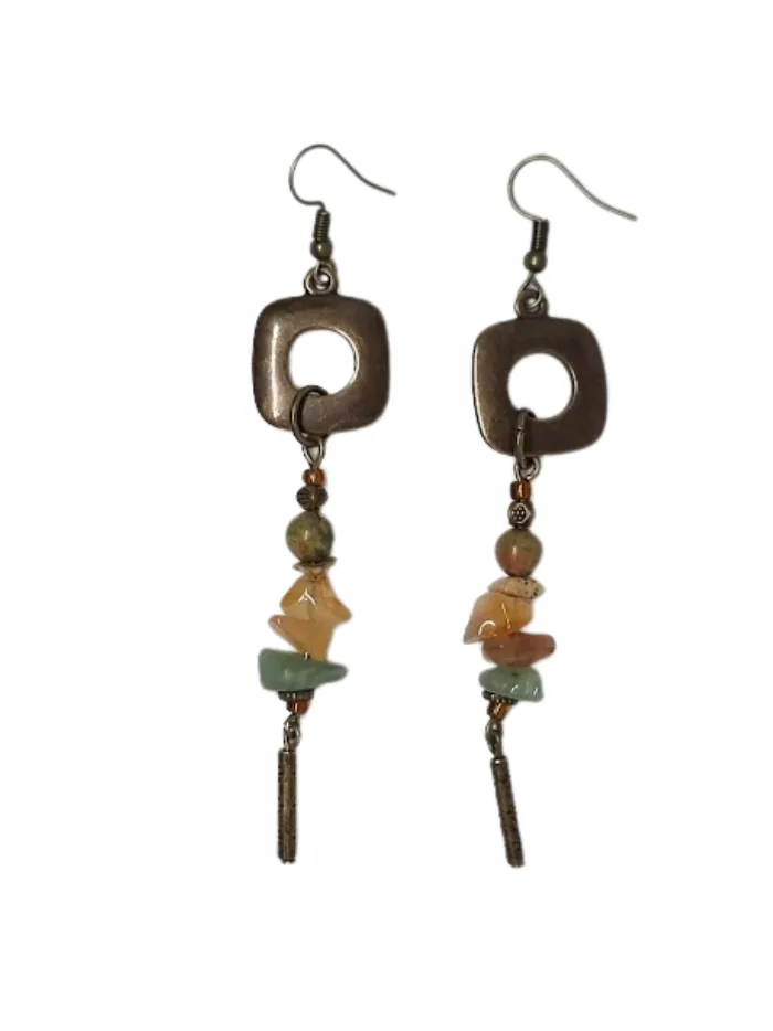 Earrings made with gemstone chips dangling from Antique Brass Rings - ERAL03