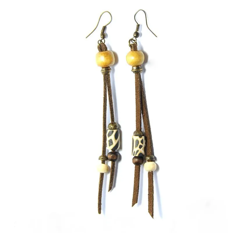 Animal skin polymer clay with bone/wood with antique brass beads earrings on suede - ERLL