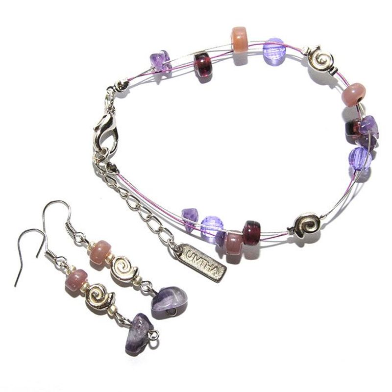 Amethyst chips & glass bracelet with matching earrings set - BEG06