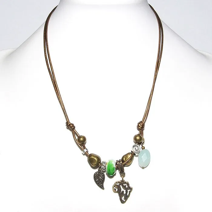 Metallic bronze leather necklace with mixed metal, amazonite & pandora bead - NWK10AF