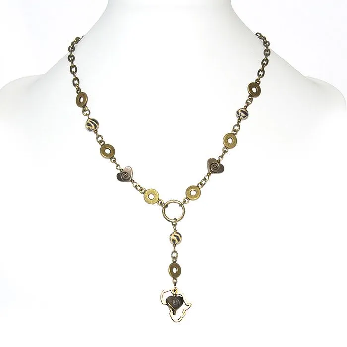 Animal skin polymer clay necklace with antique brass hearts & Africa - NWAAB
