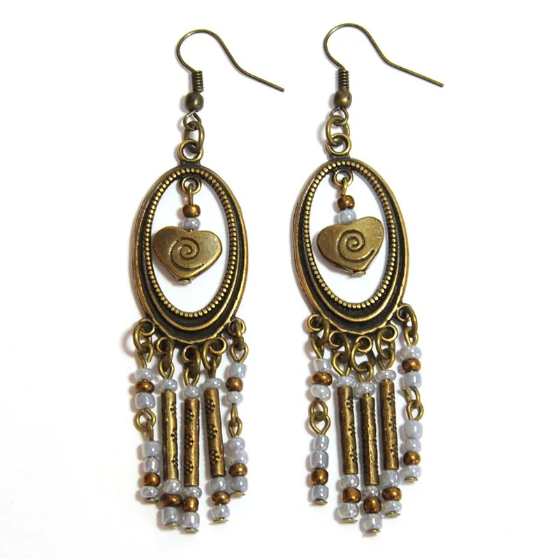 Grey glass seed bead earrings in a bronze chandelier - ERGM08