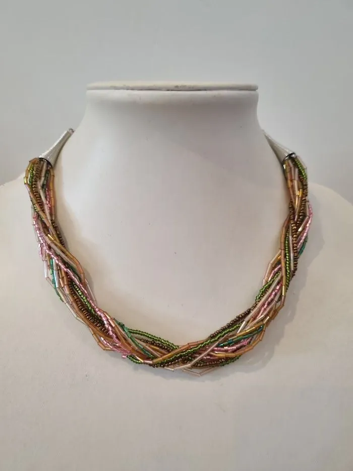A twisted seed and bugle bead necklace in the colours of the South African protea - NWPR03