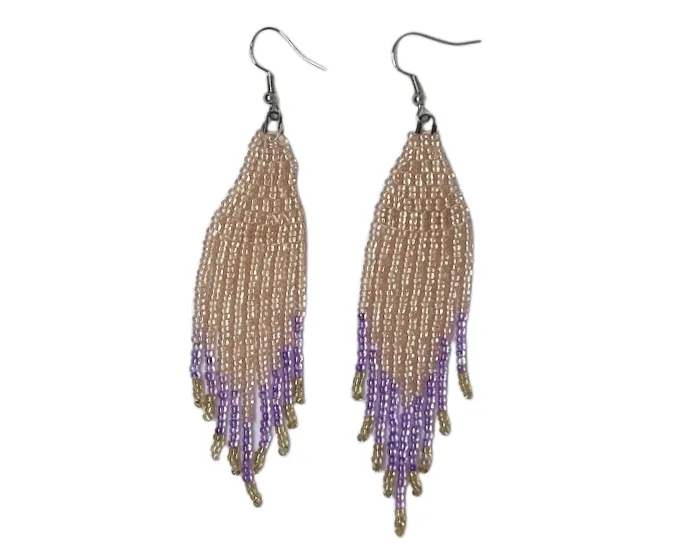 Seed Bead Fringe Earrings in shades of pearl, purple and yellow - ERIR03