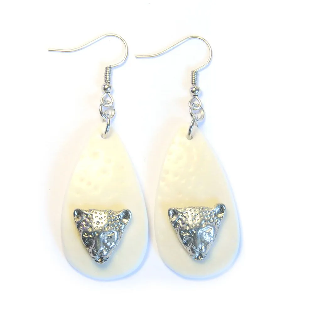 Ostrich eggshell earrings with leopard heads - ERE192