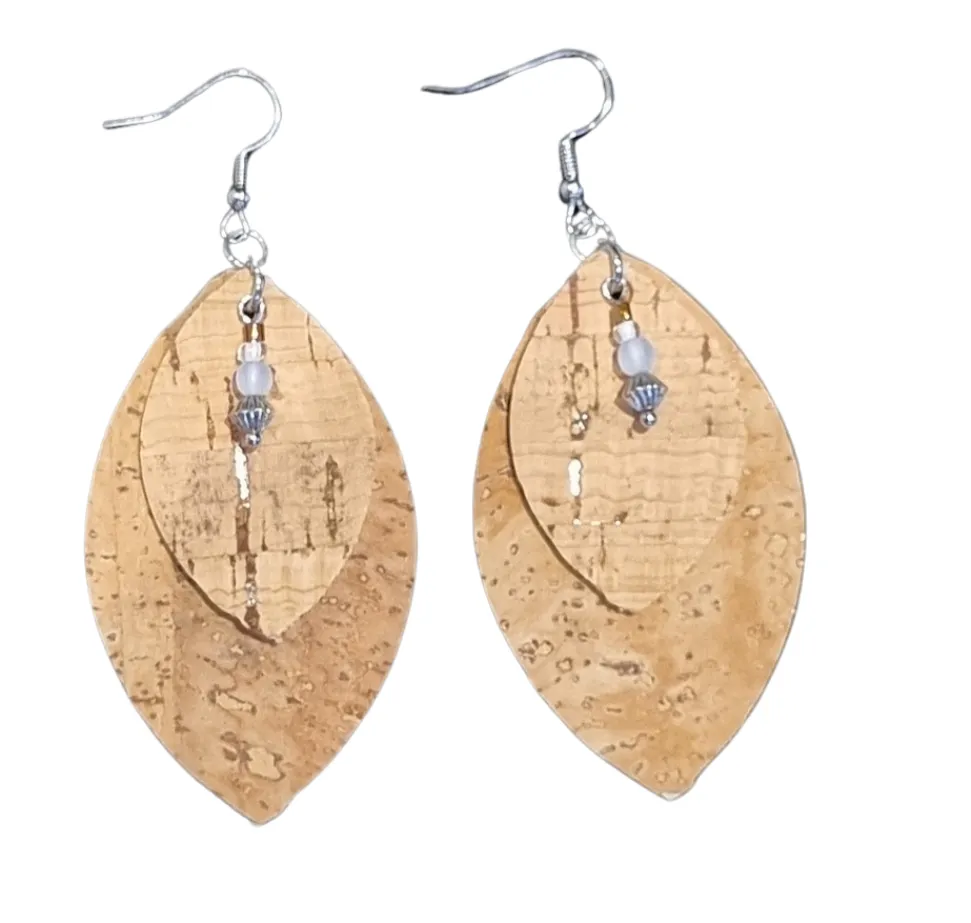 Double leaf shaped earrings made with tan coloured sustainable cork and a beaded detail - ERAS11