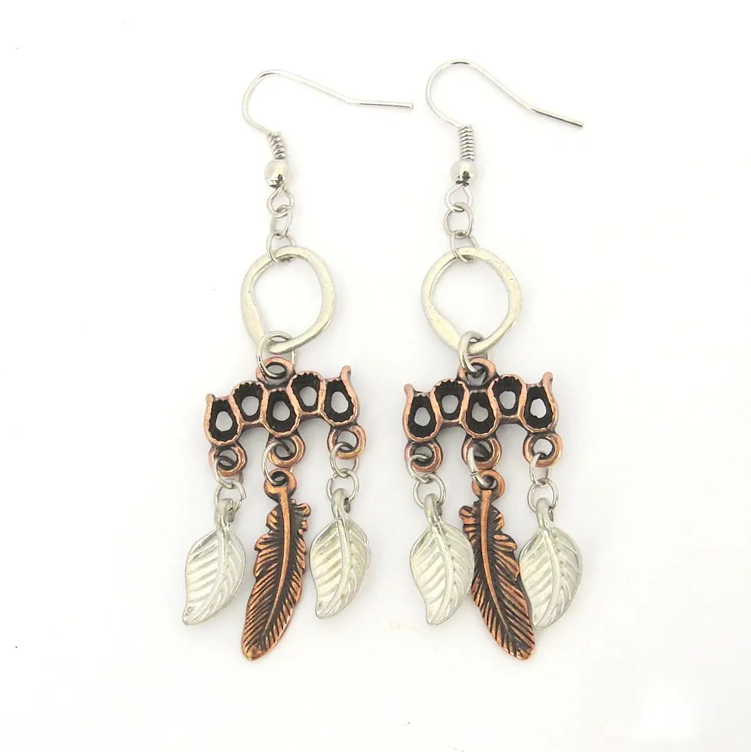 Silver colour and copper plated metal feather earrings - ERLN52