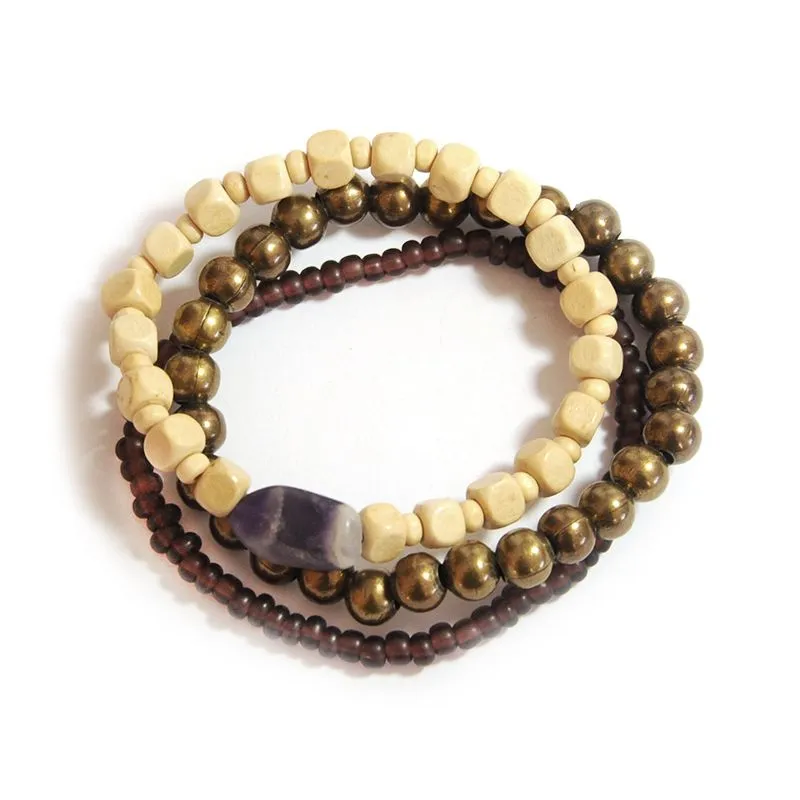 Classy set of 3 bracelets contrasting antique brass and wood with amethyst - BRGM10