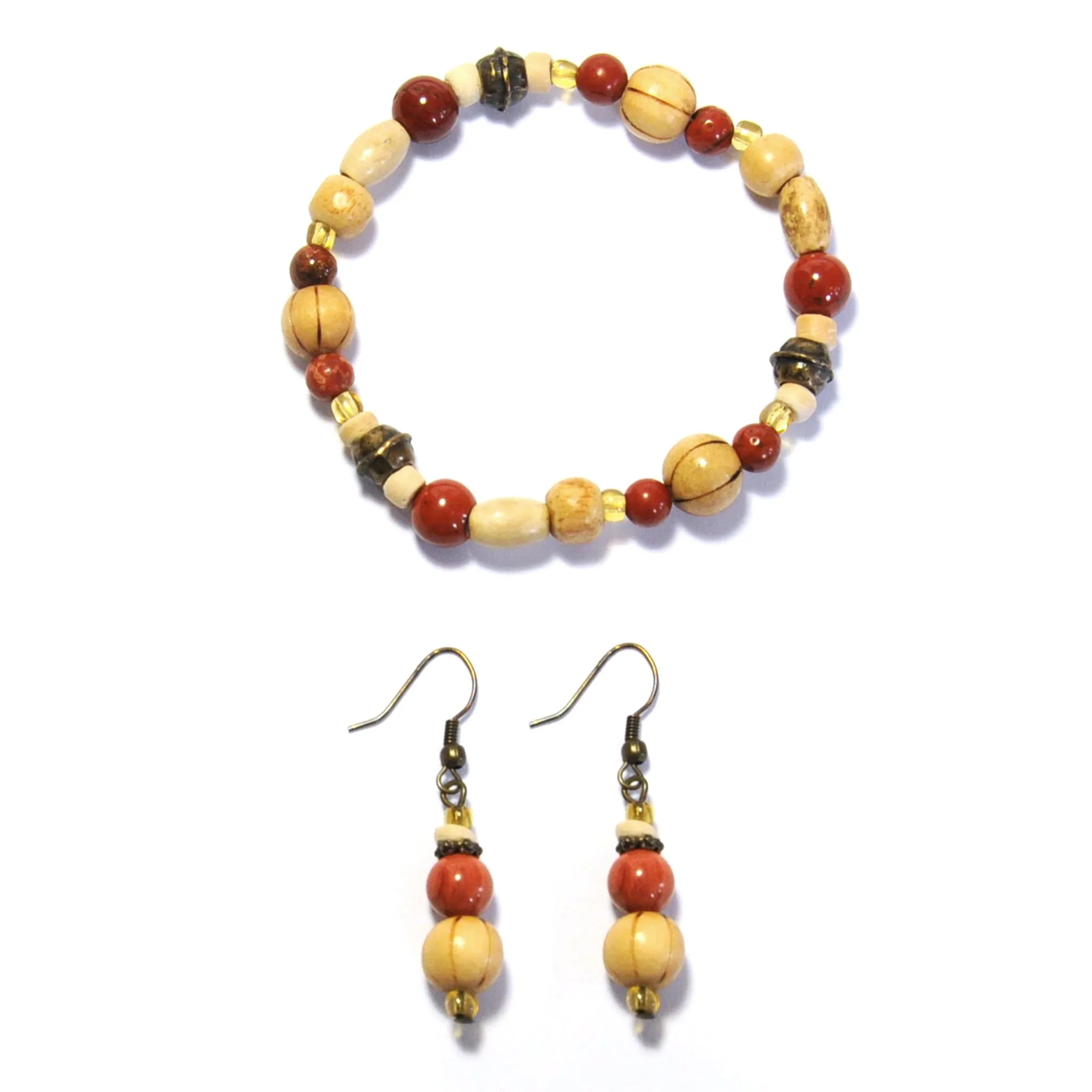 Red jasper, wood & antique brass beaded bracelet and earring set - BEE34