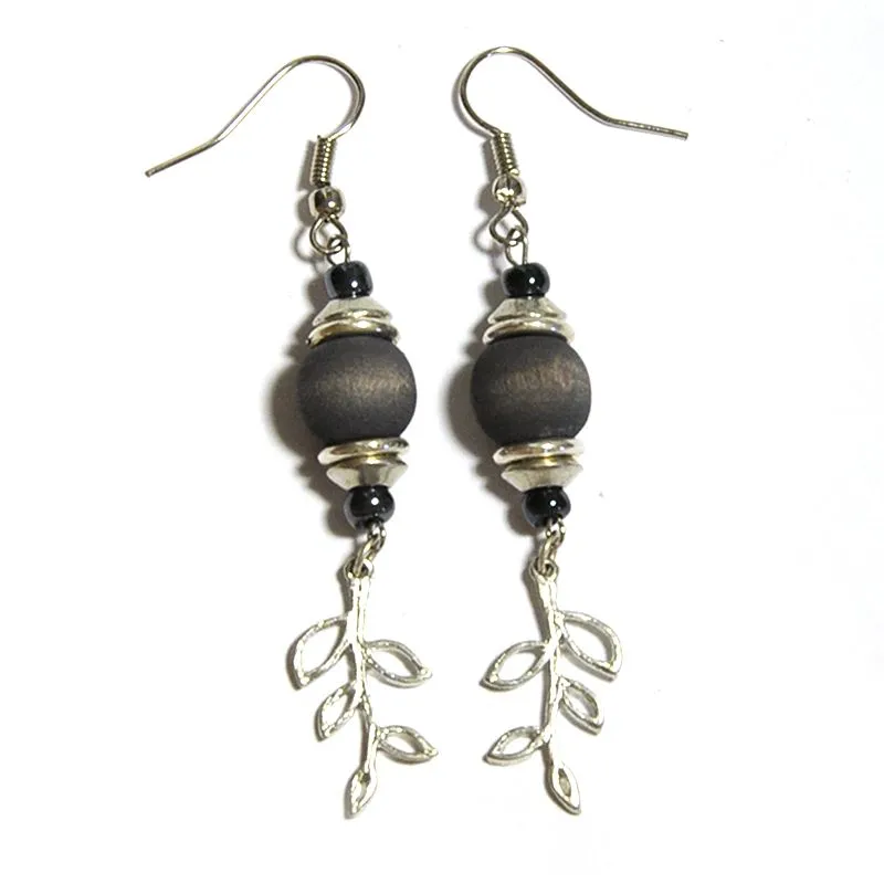 Dyed wood with leafy twig charm earrings - ERE140