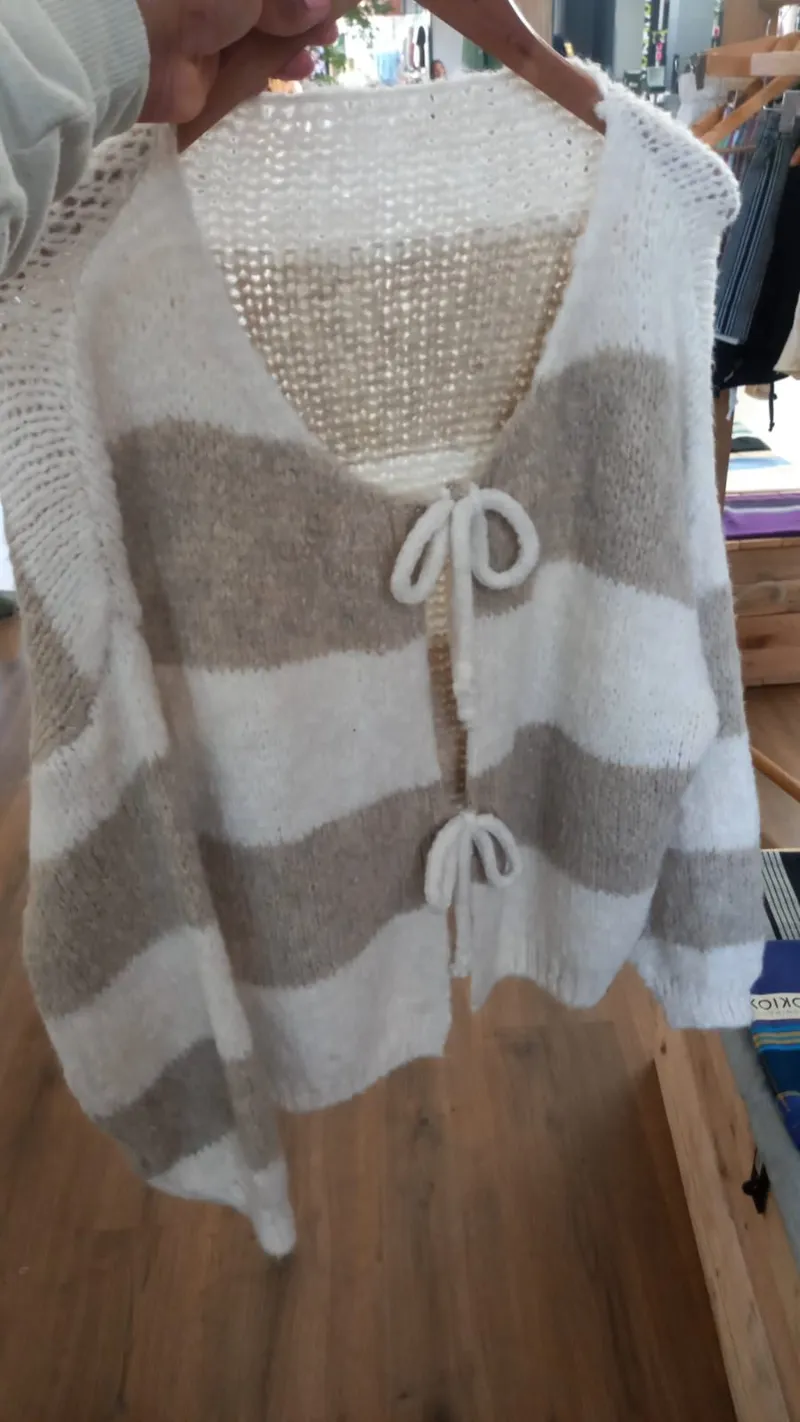 Jenny Striped Tie Cardigan - Stone - Image 1