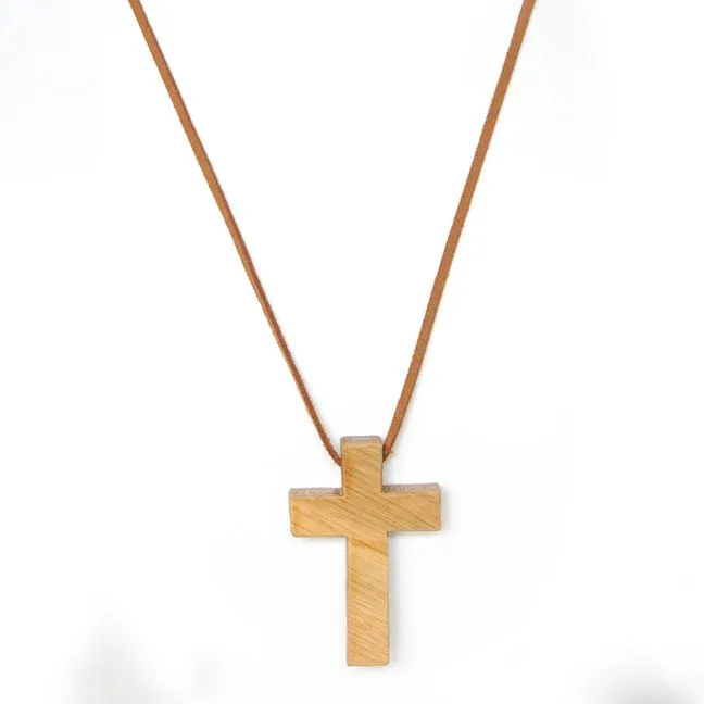 Oak wooden cross on faux suede leather - NWCC26