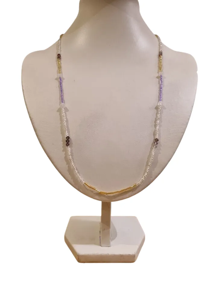 Delicate single strand seed bead necklace in shades of white, purple and gold - NWIR03