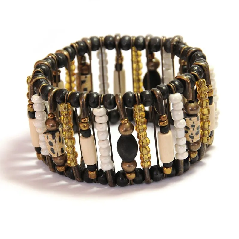 Glass, wood and antique brass beads threaded onto safety pins bracelet - BRGM12