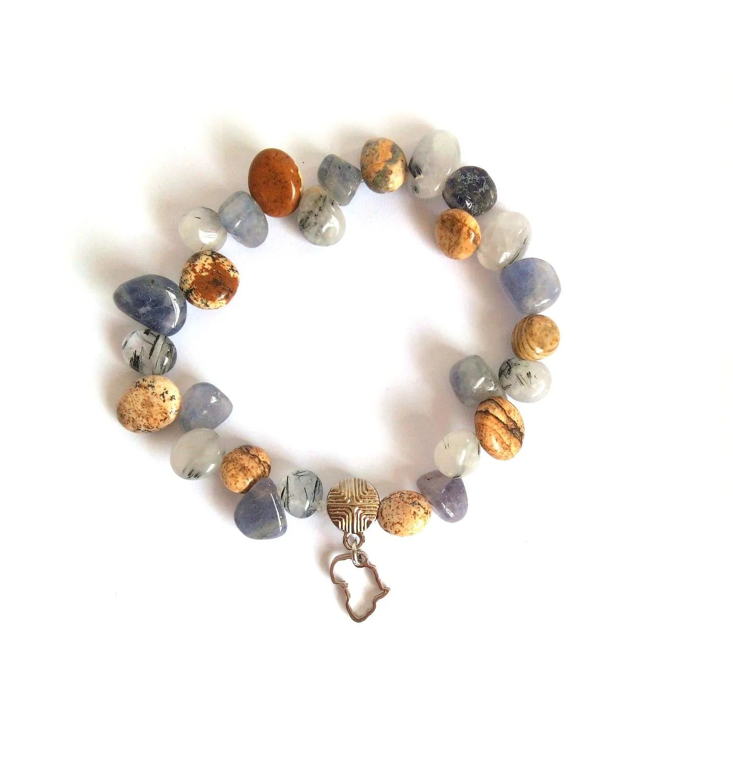 Picture Jasper and Labradorite gemstone nuggets with Africa charm bracelet - BRAS06