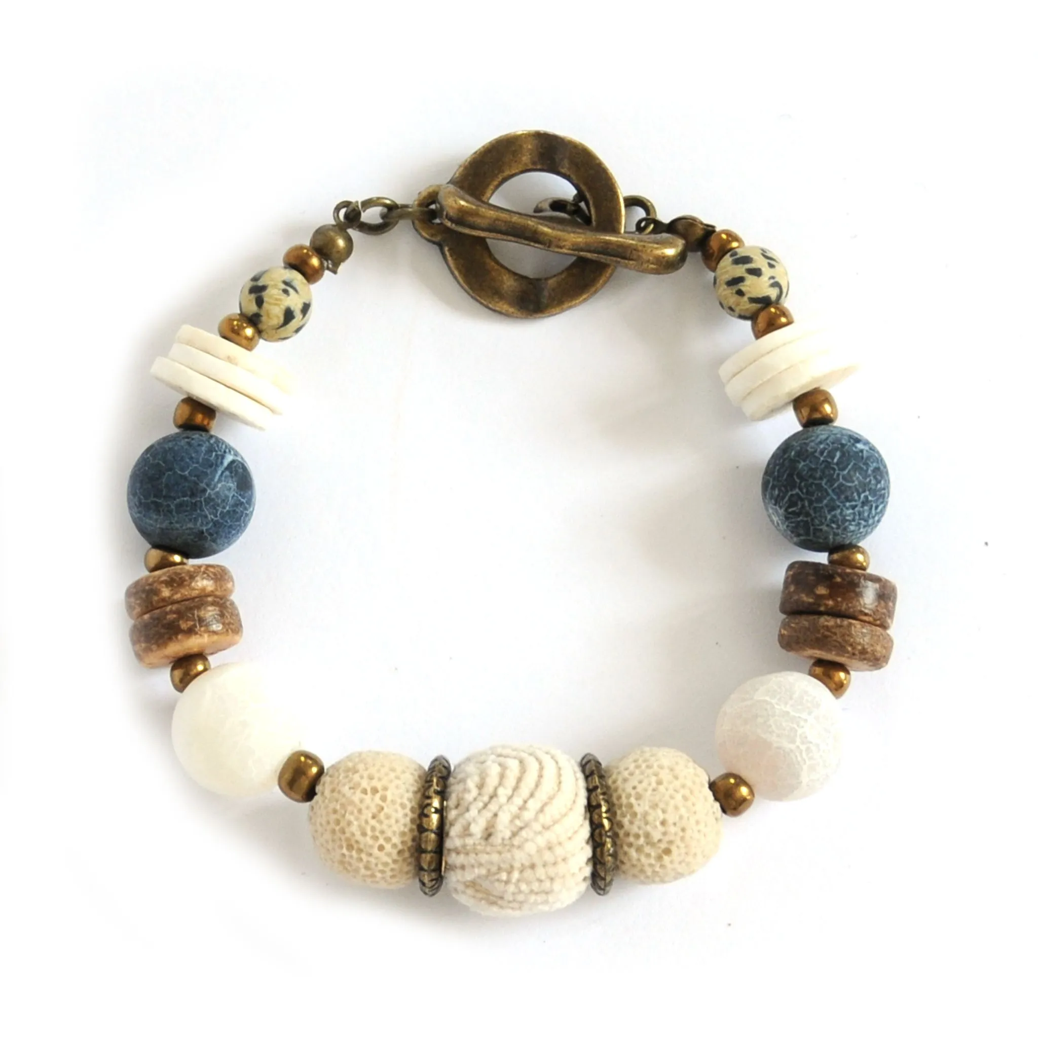 Exquisite fabric covered feature bead bracelet, agate gemstones, coconut wood and lava stone - BRGM09