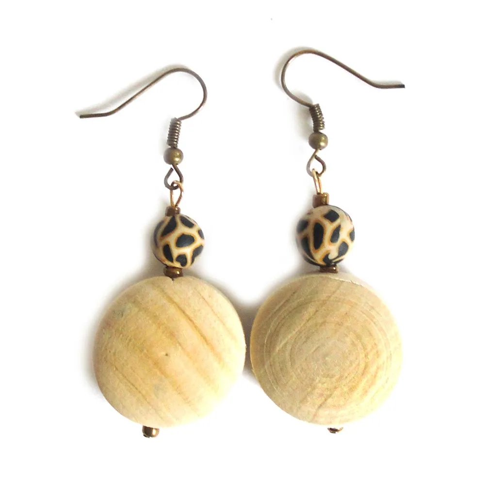 Wooden discs earrings with animal print polymer clay - ERAS10