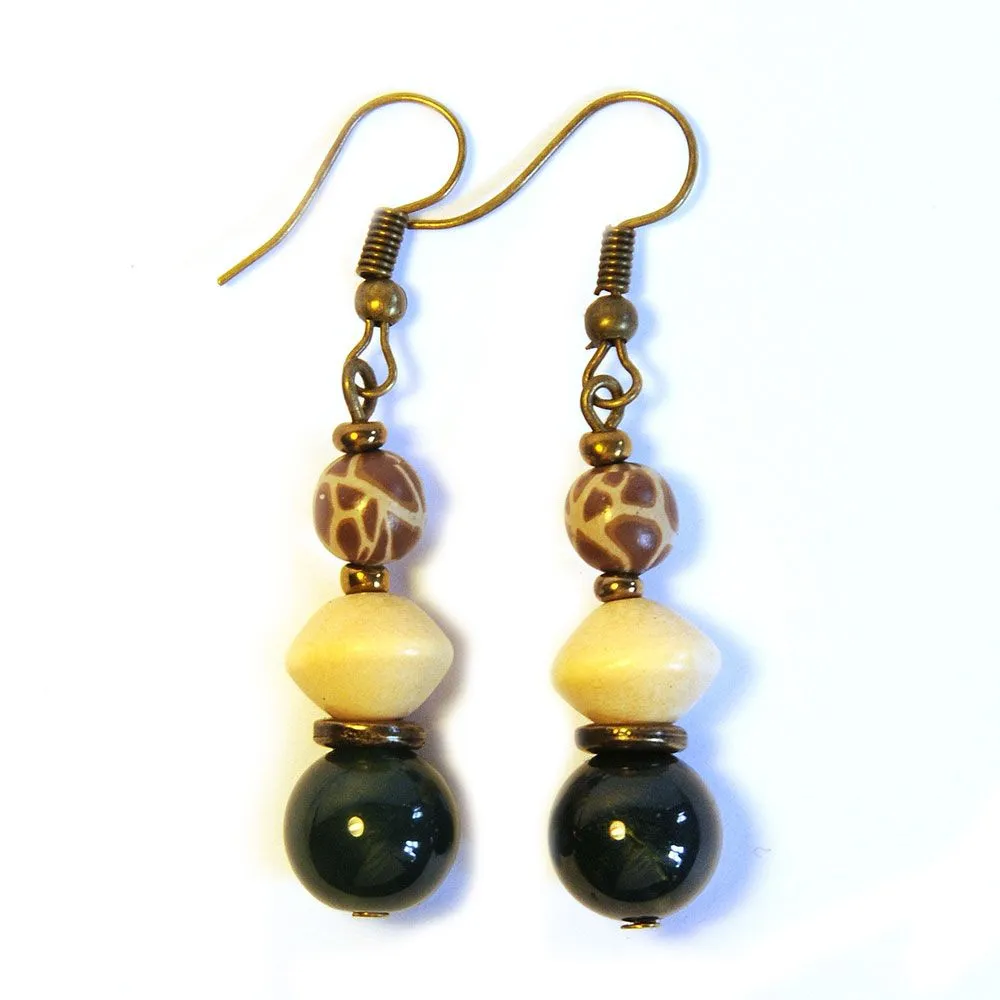 Moss agate, wood and giraffe pattern polymer clay earrings - ERE183F