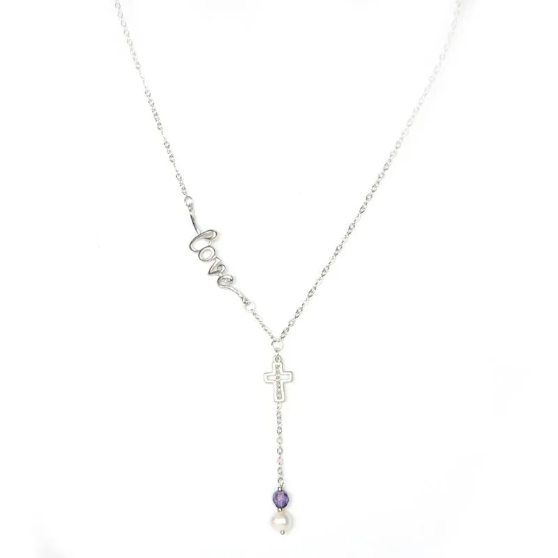 "love" necklace with small cut-out cross and freshwater pearl - NWSF26