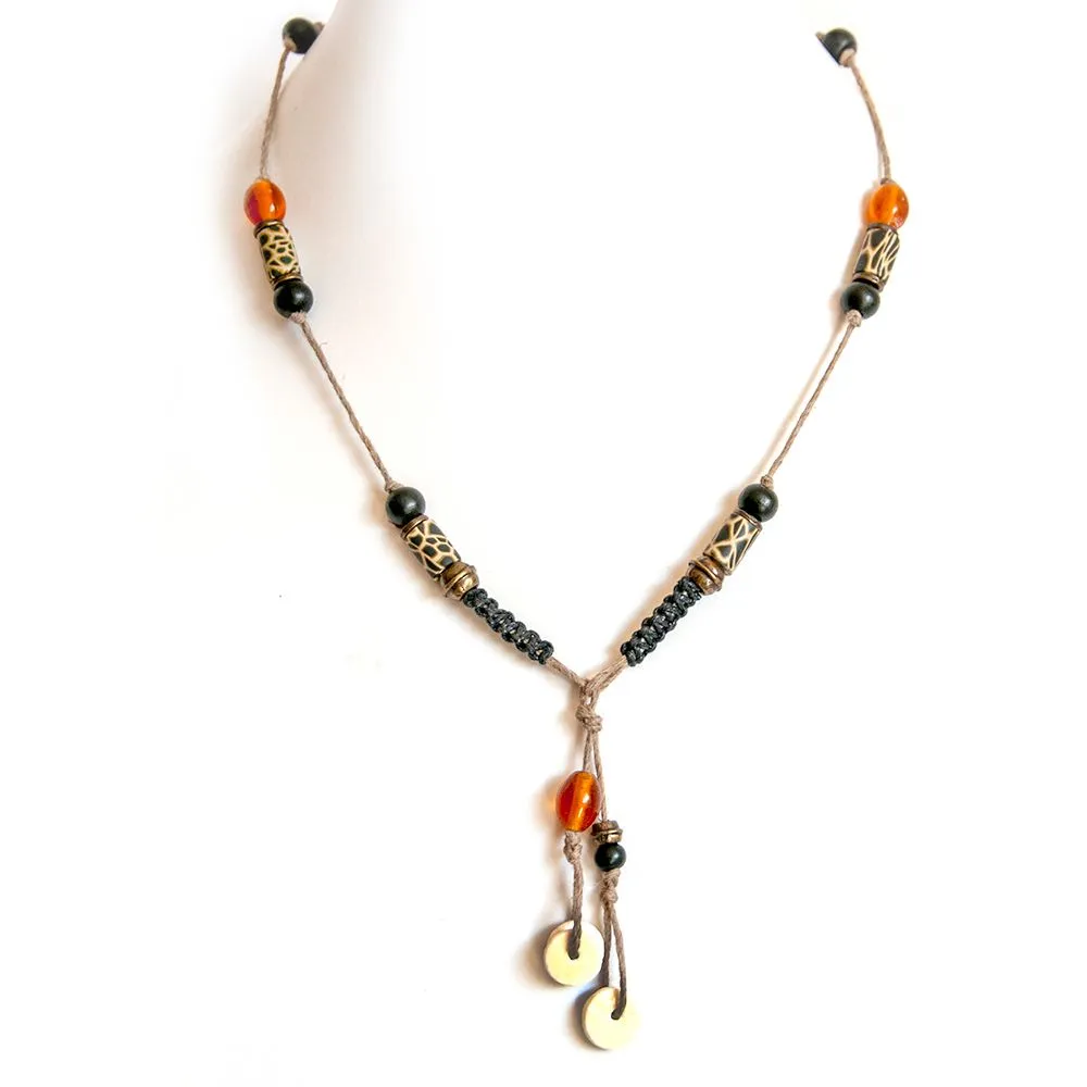 Ostrich eggshell and antique brass necklace, on hemp cord, with macrame detail - NWAS09