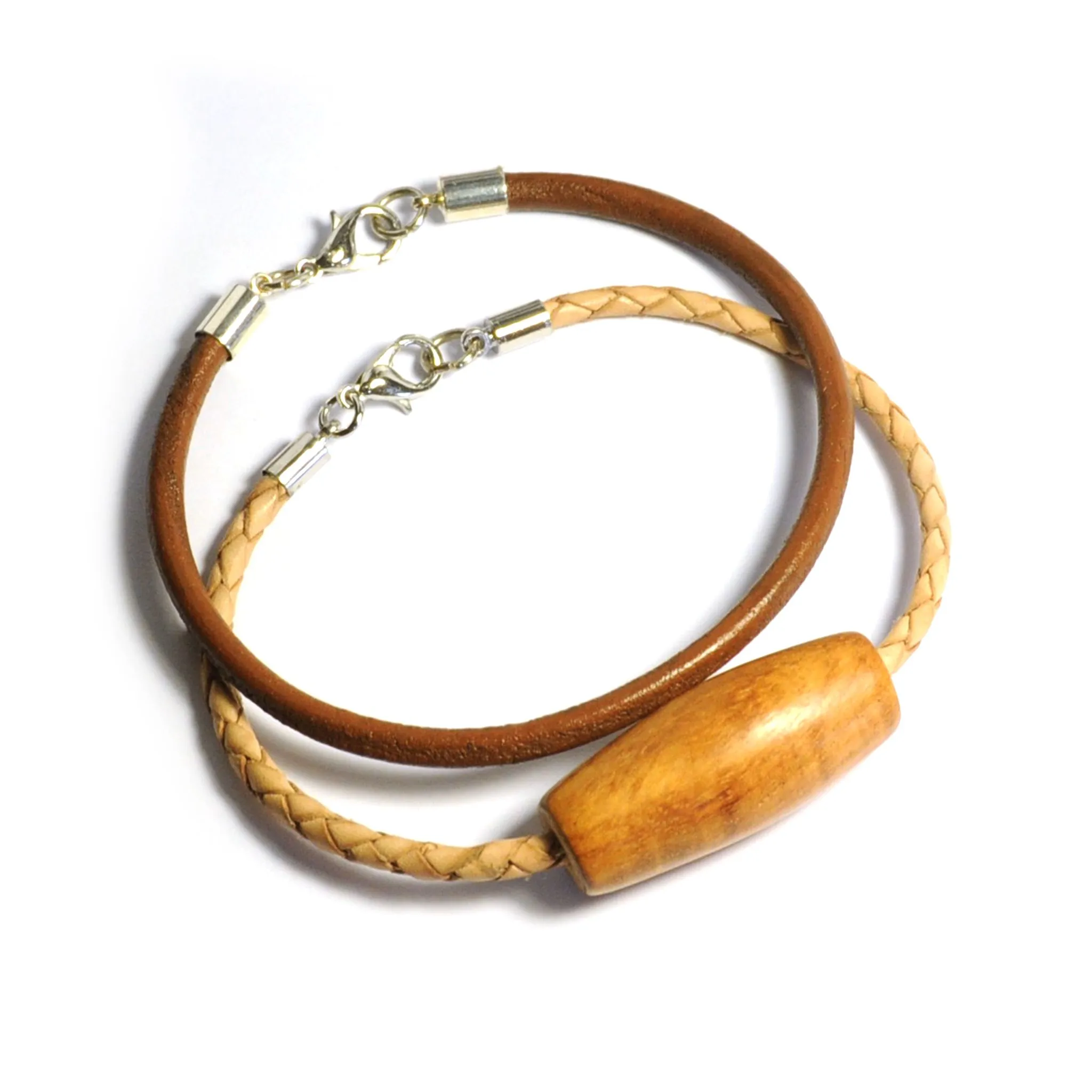 Double leather bracelet set, one plain and one braided - BRE164