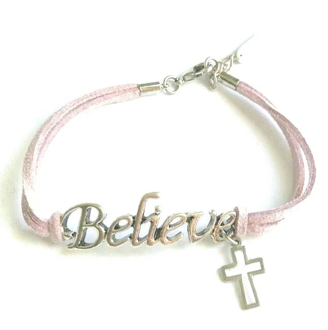 "Believe" bracelet and cut out cross on faux suede - BRSF19A