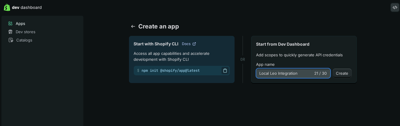 Shopify create app